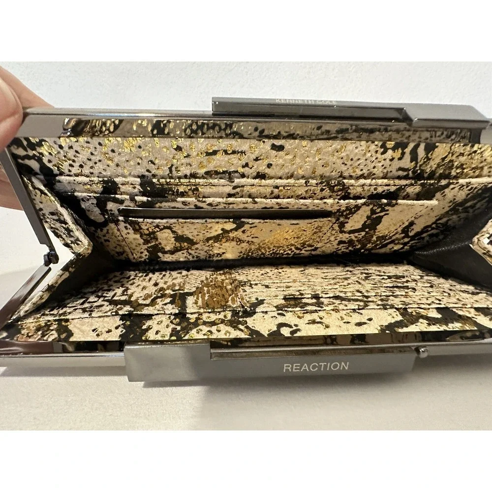 New Kenneth Cole Reaction Black Gold Metallic Snakeskin Clutch Wallet Event